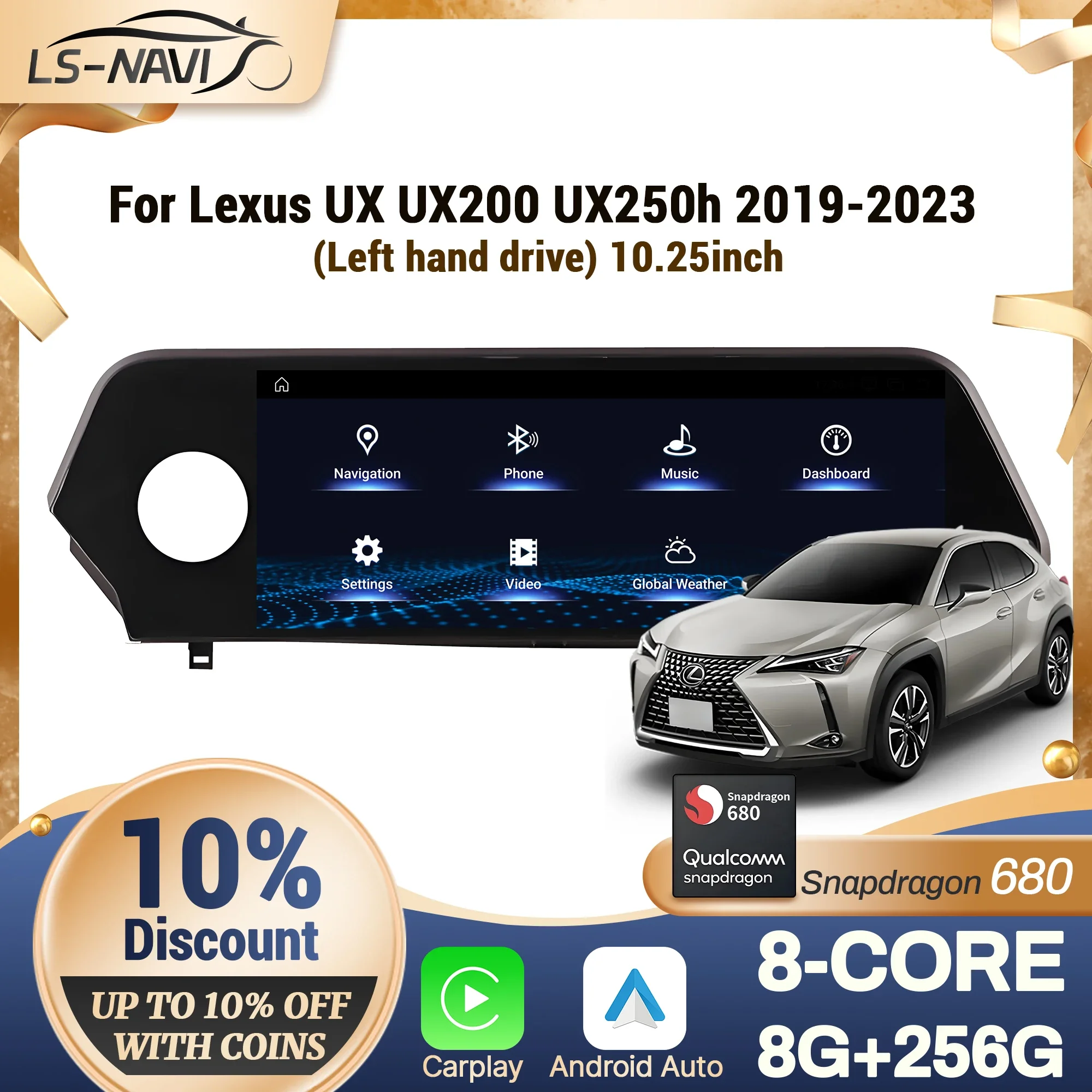 10,25 "con volante a la izquierda para Lexus UX UX200 UX250h 2019-2023 Radio de coche inalámbrico CarPlay Multimedia pantalla Snapdragon 680 1