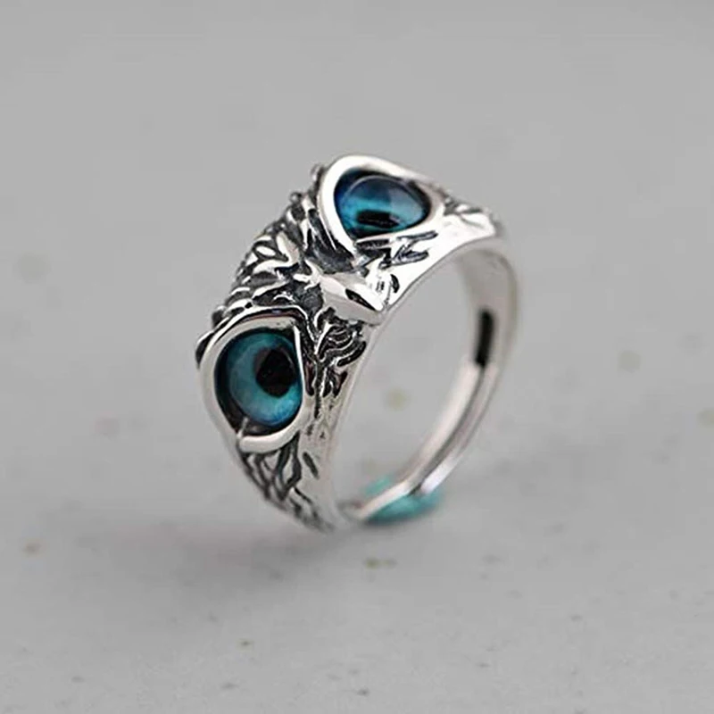 

1PC Silver Vintage Animal Open Adjustable Blue Eyes Owl Ring Men and Women Jewelry Party Gift