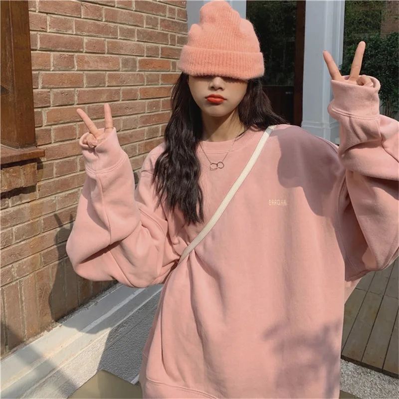 2021 Autumn Women's Sweetshirts Letter Print Loose Cream Color Hoodie O-Neck Pullover Long Sleeve Fashion Women's Clothing