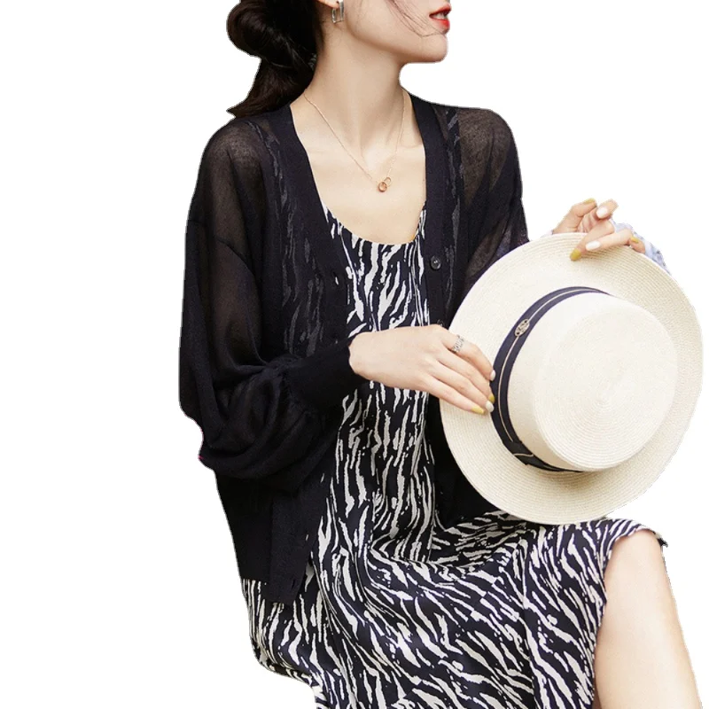 

Трикотажный женский прозрачный кардиган, однотонный Свободный дышащий кардиган в Корейском стиле с V-образным вырезом, Солнцезащитный топ с длинными рукавами, на лето