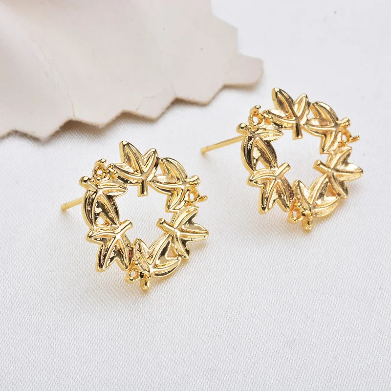 

Color Retention Real Gold Plated Copper Round Leaf With Rings Stud Earrings DIY Jewelry Making Findings
