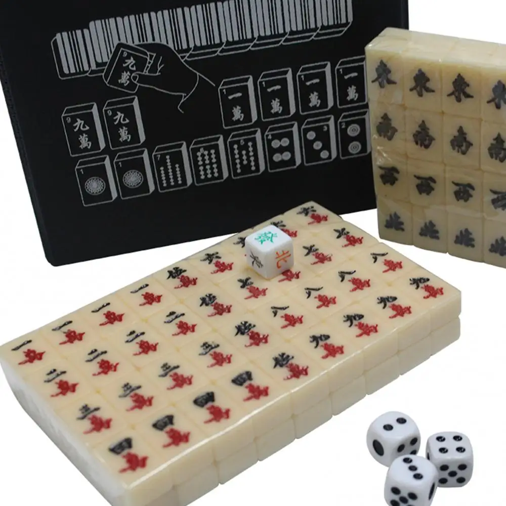 HIZLJJ Mah Jong 144 Tiles Jade Crystal Chinese Mahjong Set Portable with  Deluxe Retro Style Wooden Box for Home Party Gift