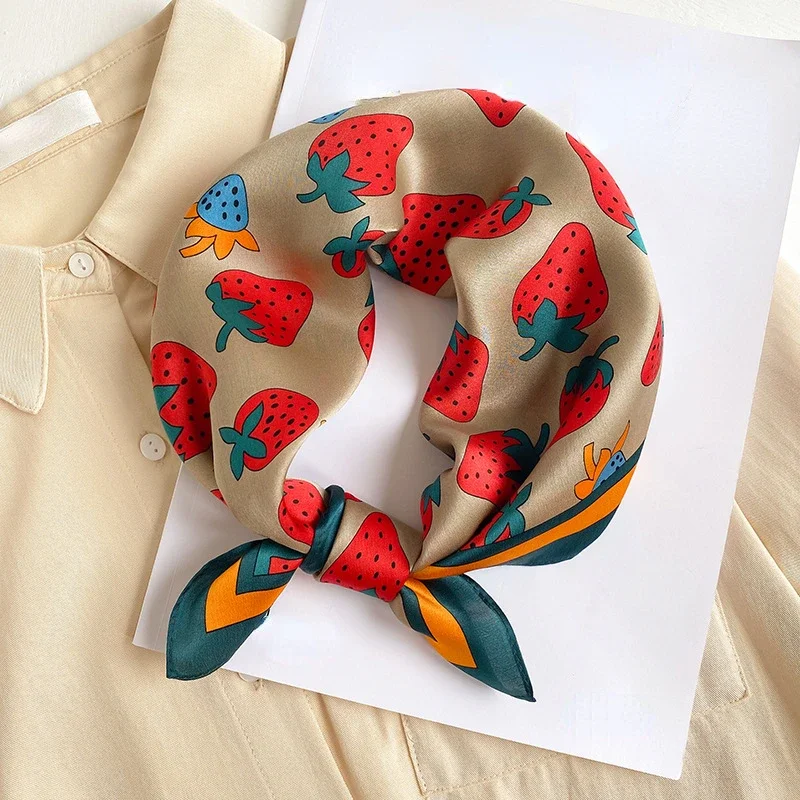 100% Real Silk Scarf Women Designer Kerchief Sweet Strawberry