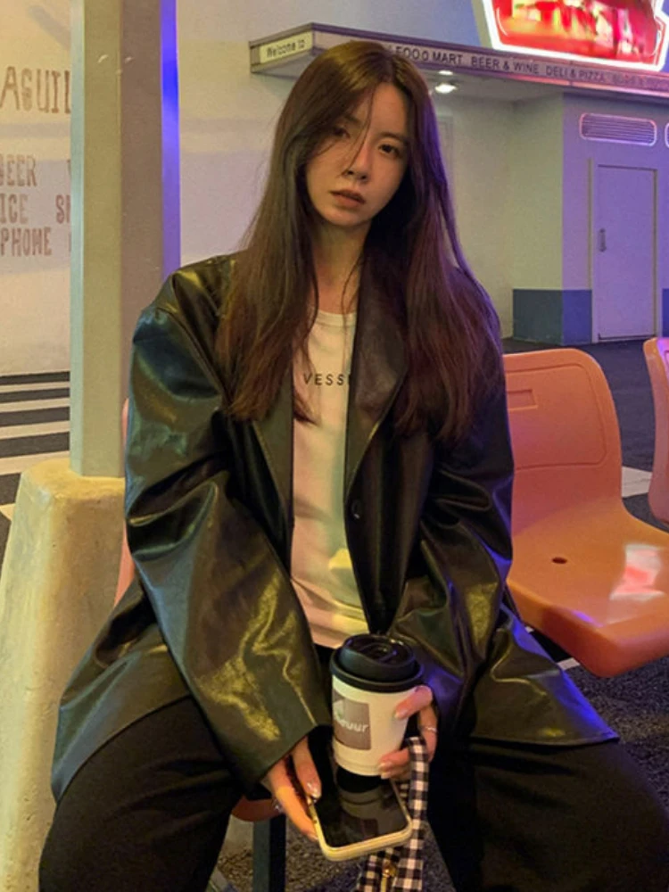 여성용 빈티지 단추 가죽 바이커 재킷, 한국 패션, 루즈 얇은 가죽 세트 블레이저, 여성 캐주얼 스트리트웨어, PU 시크 코트