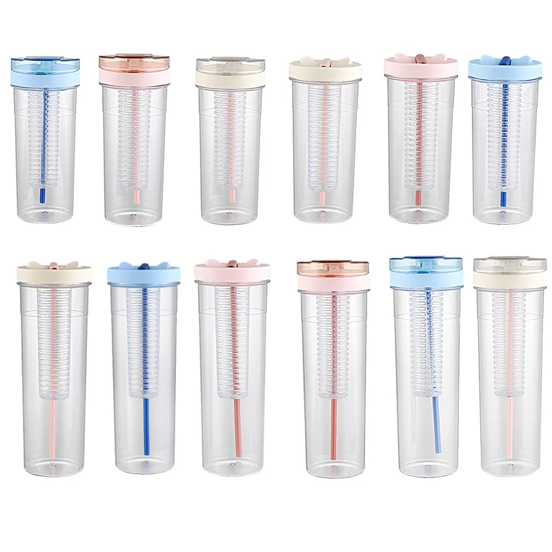 8pcs/set Plastic Flat Cups With Straws & Bear Design, Transparent