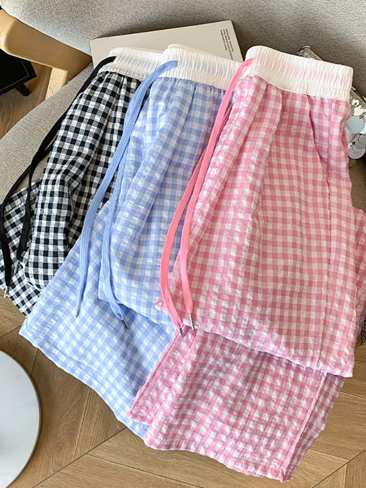 

Модные Винтажные клетчатые прямые брюки, лето 2024, женские милые Простые повседневные спортивные брюки, новые корейские свободные брюки на шнуровке