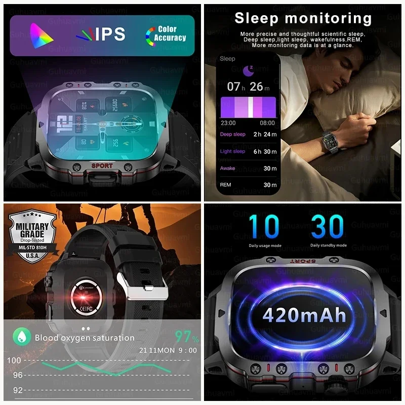 New Rugged Military Smart Watch Men Women Bluetooth Call Ai Voice Waterproof Health Outdoor Sport Fitness GPS Smartwatch 420mah