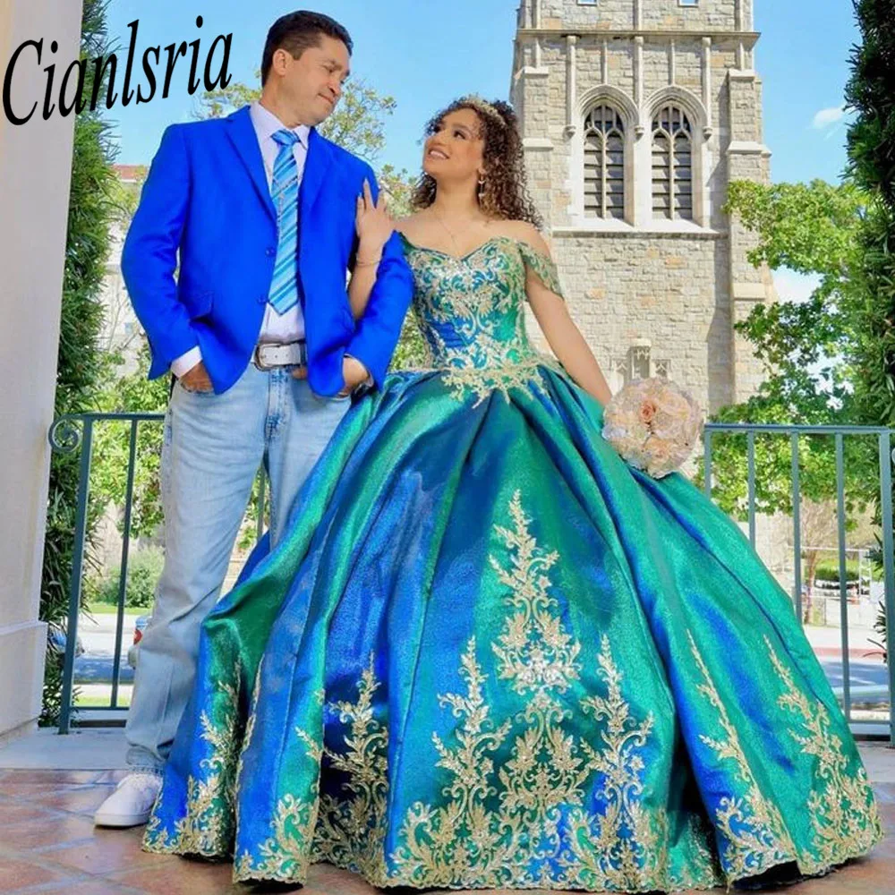 

Зеленое бальное платье с открытыми плечами, платья для Quinceanera 2023, милые платья принцессы 16 дюймов с аппликацией, искусственное платье, платье для 15 лет