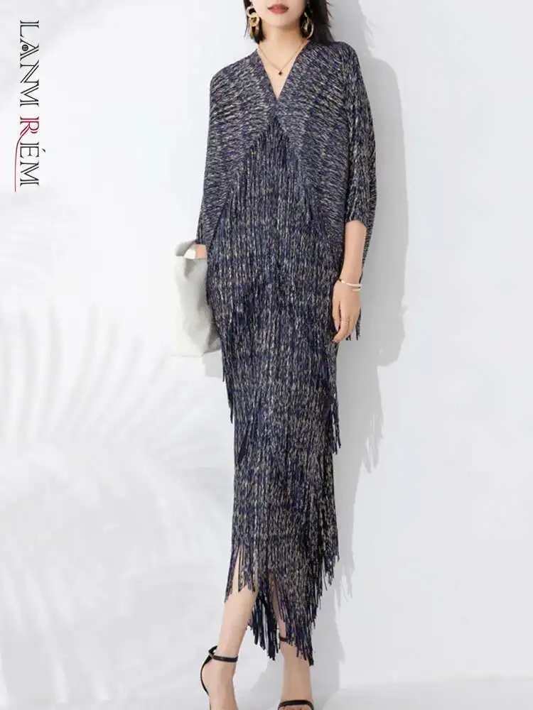 LANMREM High End Pleated Maxi Dress Women V Neck Batwing Sleeves Stitching Color Tassel Elegant Dresses Ladies Clothes 2DA1641