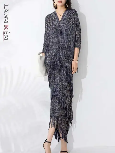LANMREM High End Pleated Maxi Dress Women V Neck Batwing Sleeves Stitching Color Tassel Elegant Dresses Ladies Clothes 2DA1641