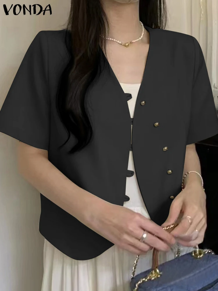 

Elegant Casual Blazer VONDA Women Summer OL Style Coats 2023 Fashion Short Sleeve V-Neck Solid Color Loose Blazer Buttons Tops