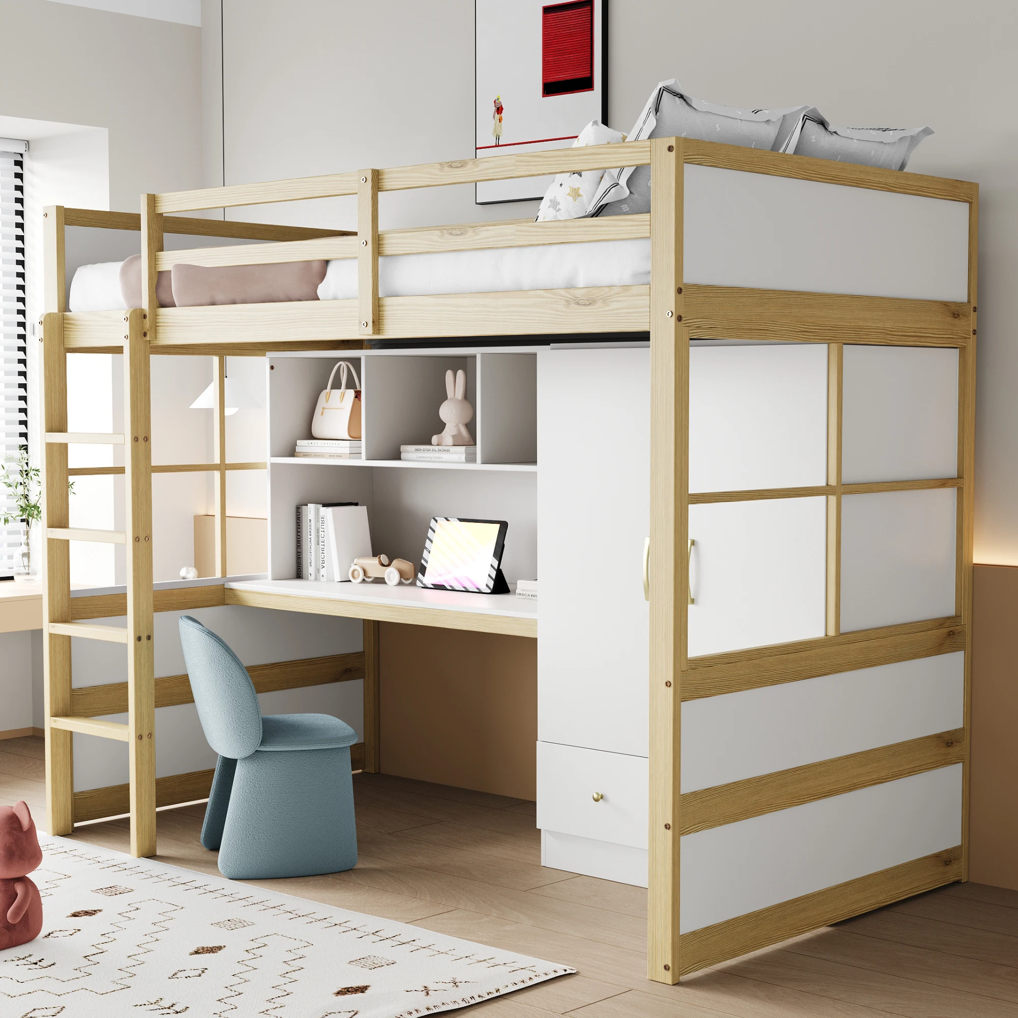 KOMHTOM Hochbett 90x200 cm Einzelbett mit Leiter Schreibtisch mit Stauraum Kleiderschrank und Schubladen – Detail 3