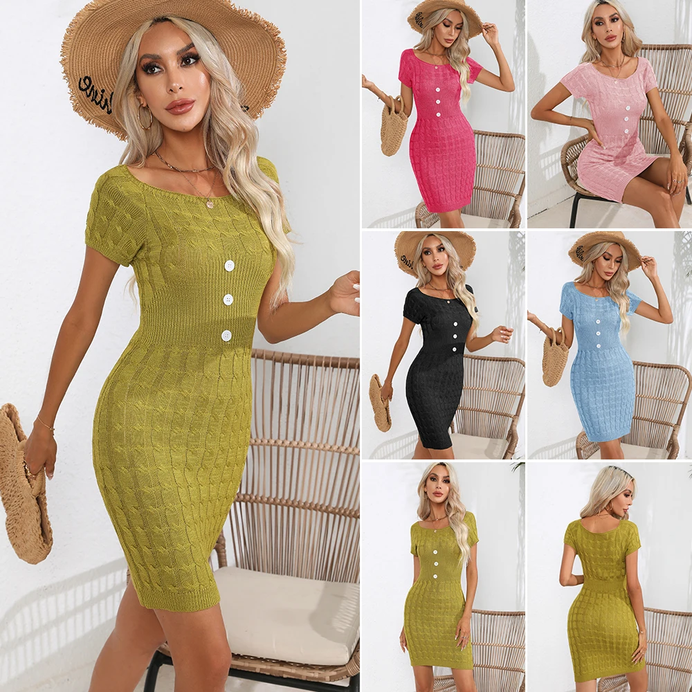 

Fashion Square-necked Short-sleeved Slim Fit Dress Twisted Knit Bodycon Dress Casual Party Streetwear