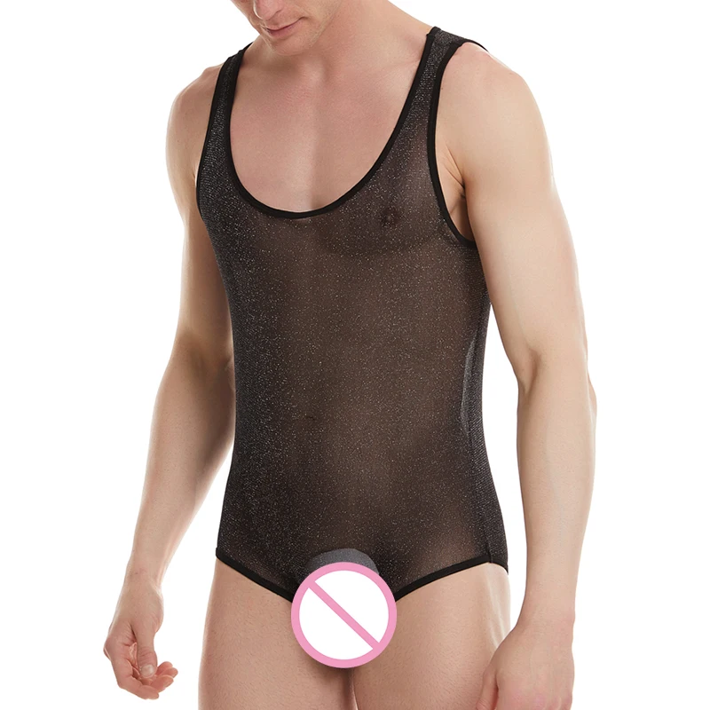 Sexy Men Undershirts Leotard Wetlook Mesh See Through Gay Bodysuits Lingerie Silk Sheer Jumpsuits Slip Homme One-piece Underwear