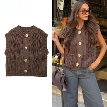 Sleeveless Brown Sweater Women's Vest Outerwears Knit Vest Women Preppy Cropped Sweaters Autumn Winter Vest Woman Knitwears