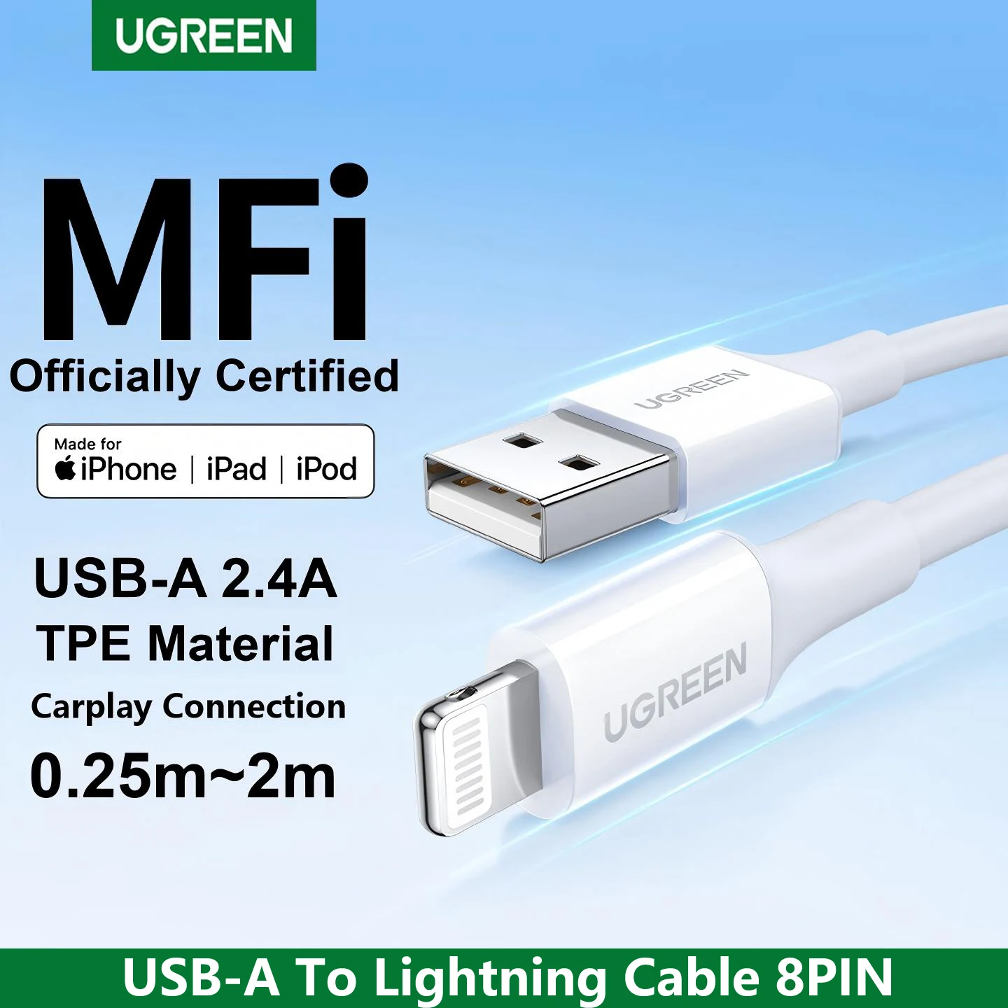 UGREEN MFi Certified Enhanced USB to Lightning Fast Charging Cable, Braided, Multiple Lengths Available