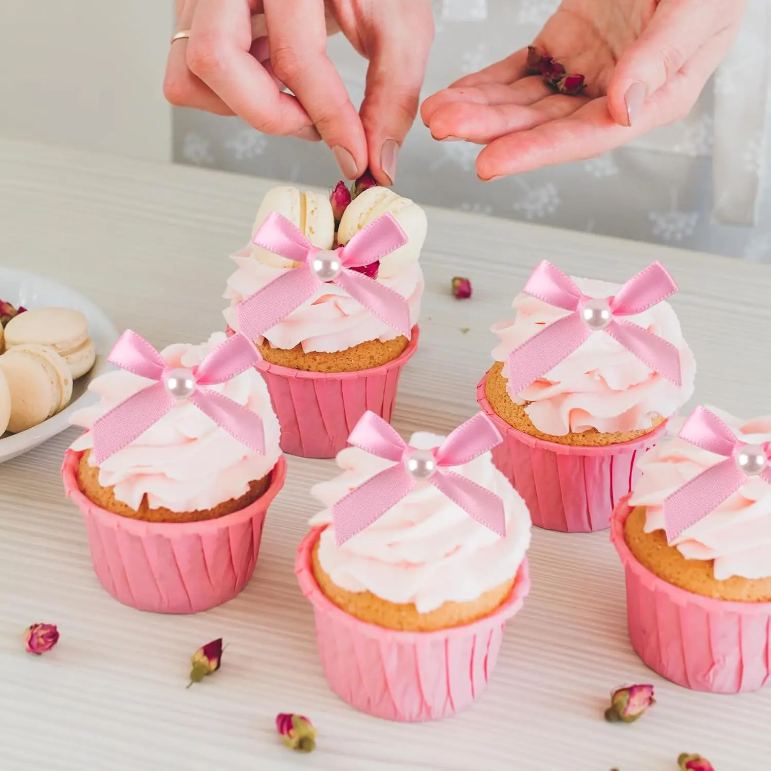 50 Pcs Pink Bow Cupcake Toppers - Satin Ribbon Bows For Birthday, Wedding, Baby Shower Decor - View #2