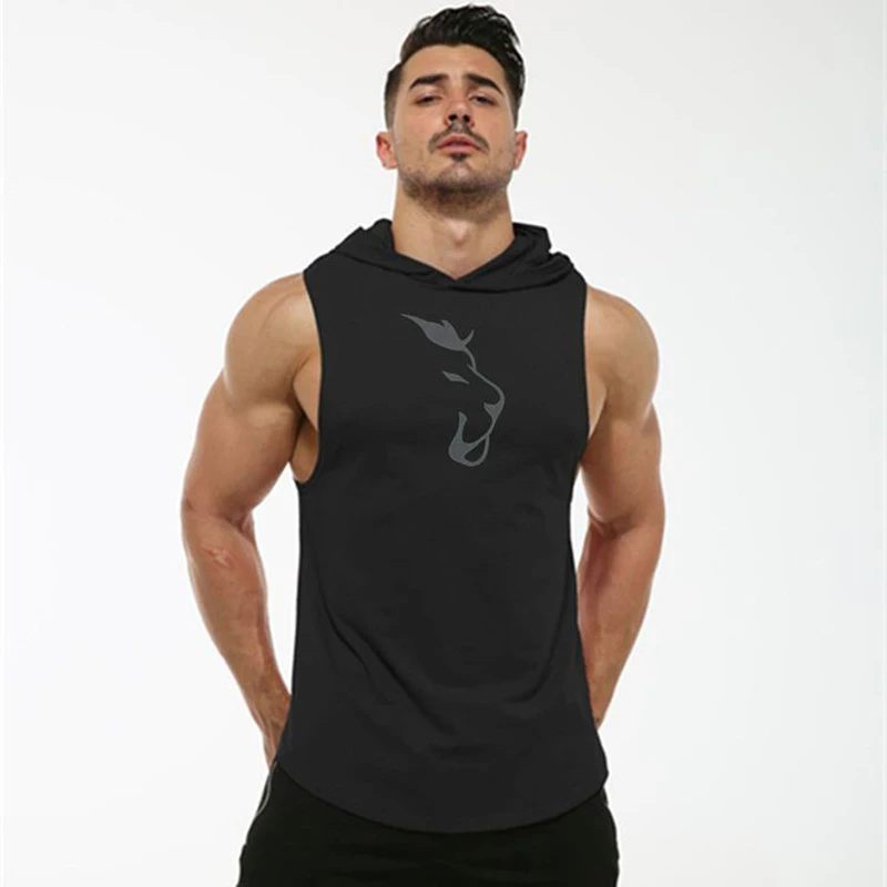 

Hooded Sleeveless Vest Men's Fitness Chopping Shoulder Deep Digging Sweater Lion Sports Training Clothing Top New