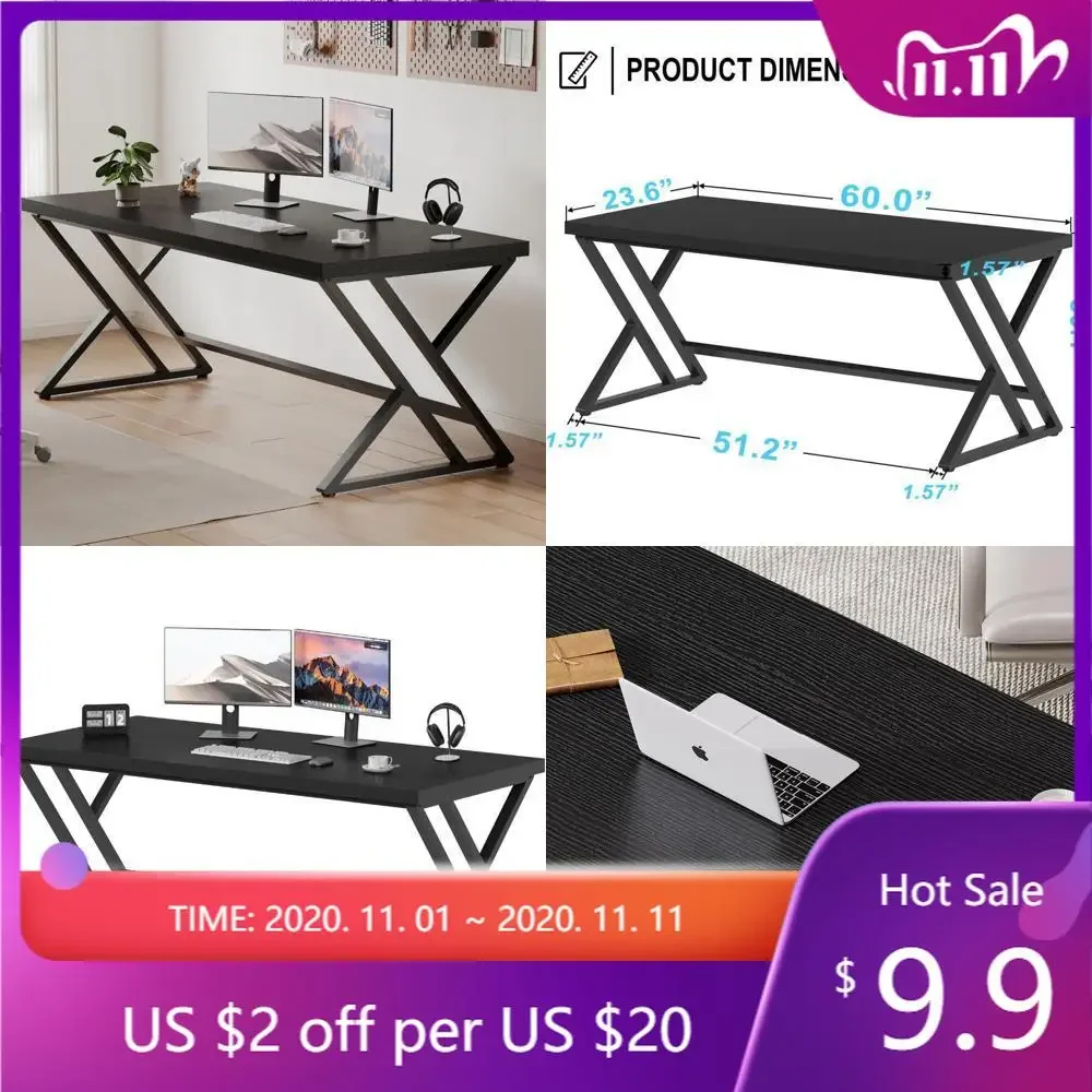 contemporary black desk for adults: spacious industrial office desk with metal and wood, ideal for studying and computing