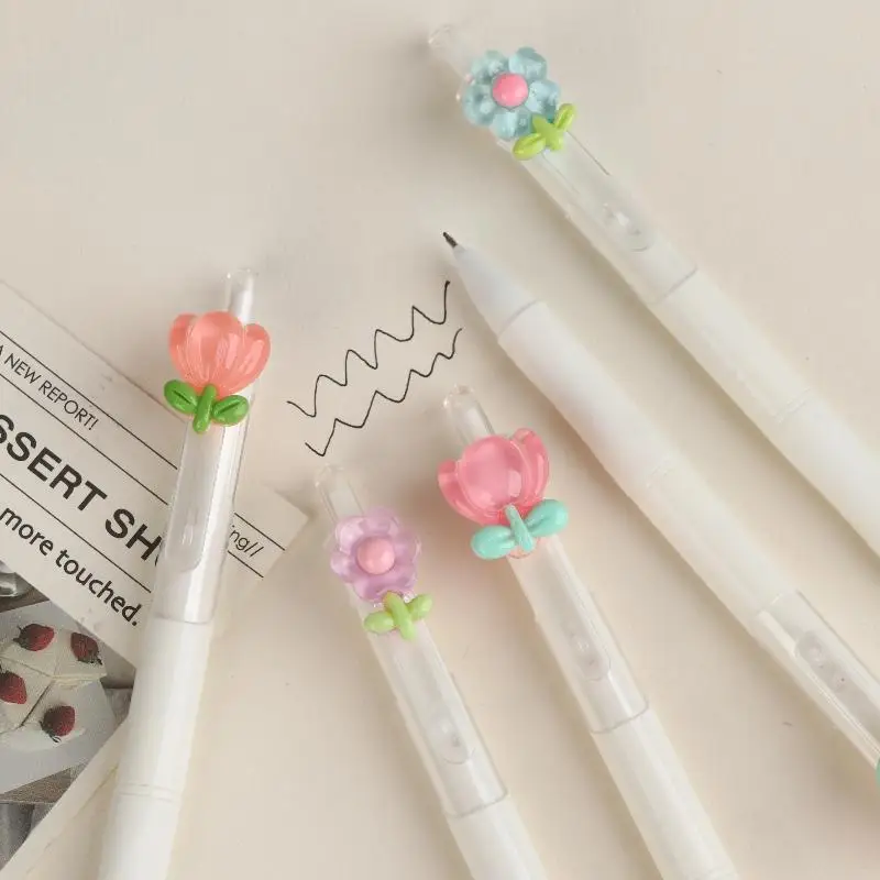 뜨거운 판매 5/10Pcs 귀여운 달콤한 튤립 꽃 젤 펜 빠른 건조 볼펜 0.5mm 검정 잉크 펜 사무실 학교 문구 용품