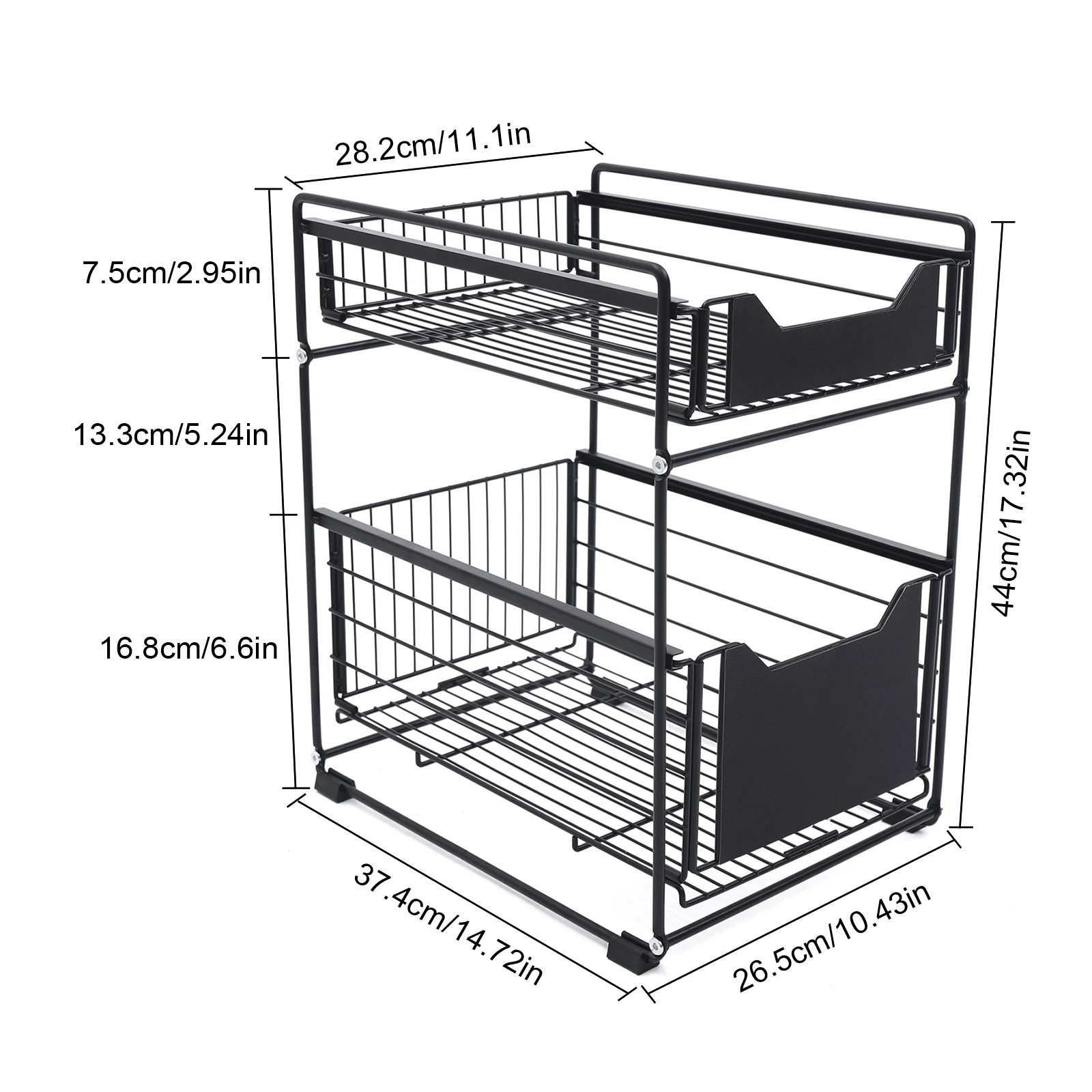 2 Tier Storage Rack Black Carbon Steel PP Baking Paint Modern Freestanding Under Sink Installation
