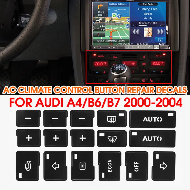 

Наклейки A4 B6 B7 для ремонта автомобильных кондиционеров, кнопки управления климатическим режимом, наклейки для Audi A4 B6 B7 2000-2004, стикеры для оформления центра