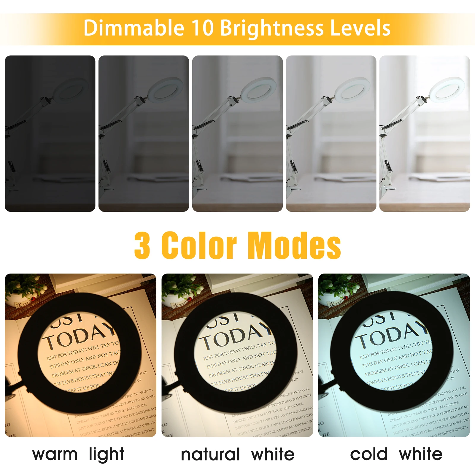 Desk Lamp Flexible Clamp-on with 8x Magnifier Glass Swing Arm Dimmable Illuminated Magnifier LEDs 3 Color Modes