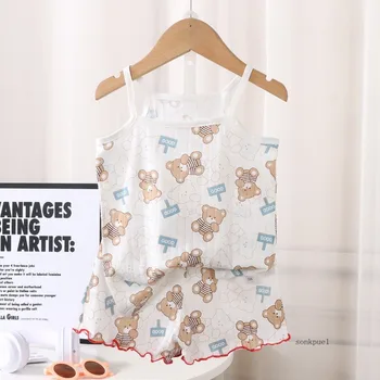 Kids Set Summer Thin Baby Tops+shorts Cotton Vest Sleeveless Cartoon Cute Loungewear Set for Girls Suit 2