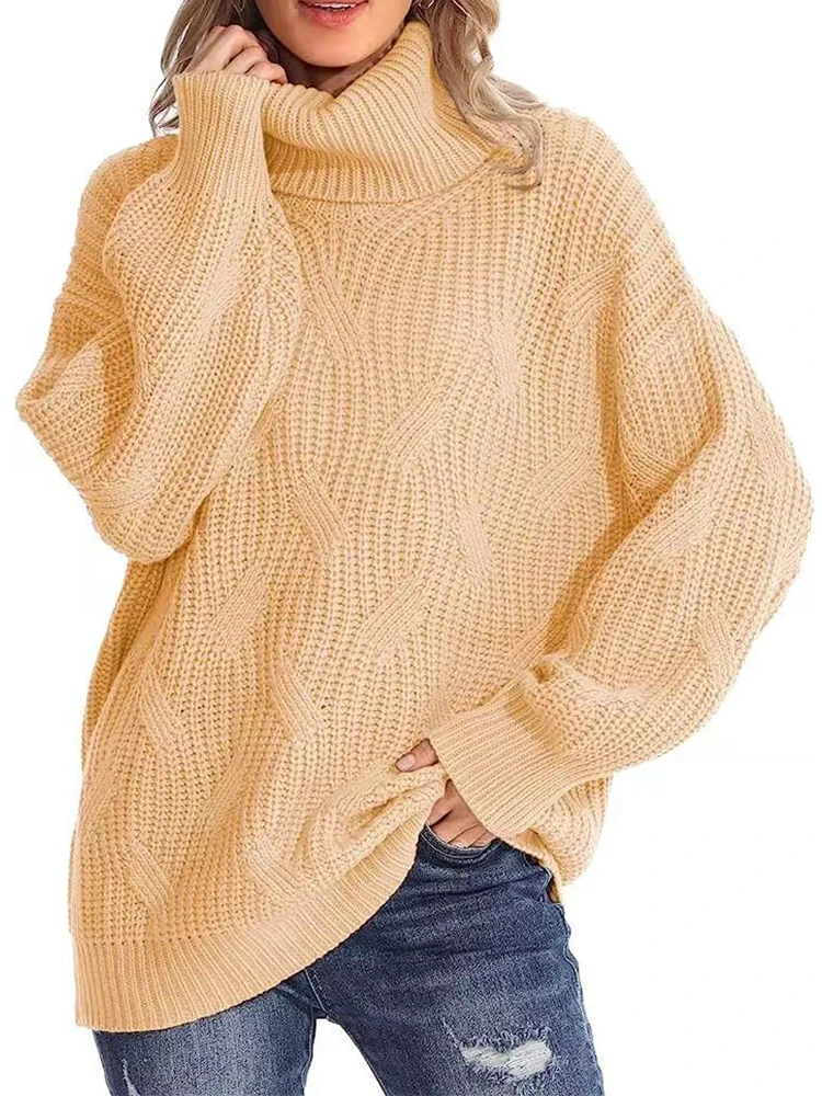 

Autumn Fashion Women Turtleneck Twisted Oversized Sweaters Winter Lantern Long Sleeve Knitted Pullover Tops Solid Loose Jumpers