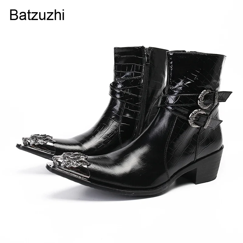 

Мужские ковбойские ботинки Batzuzhi в западном стиле, черные кожаные короткие ботинки с острым металлическим носком, мужские мотоциклетные ботинки в стиле панк/рыцарские ботинки для мужчин!