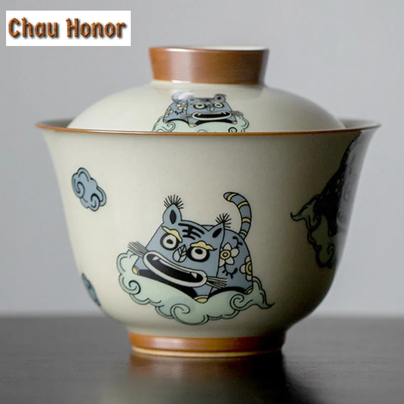Boutique Tiger Art Ceramic Tea Tureen 150ml Household Honey Glaze Porcelain Gaiwan Teaset Kung Fu Small Tea Cups New Years Gift