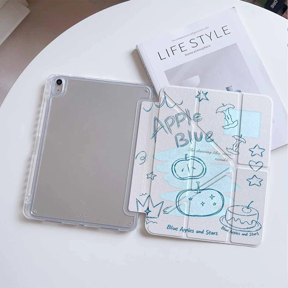 Blue Apples and Stars Design Protective Tablet Case with Pen Slot