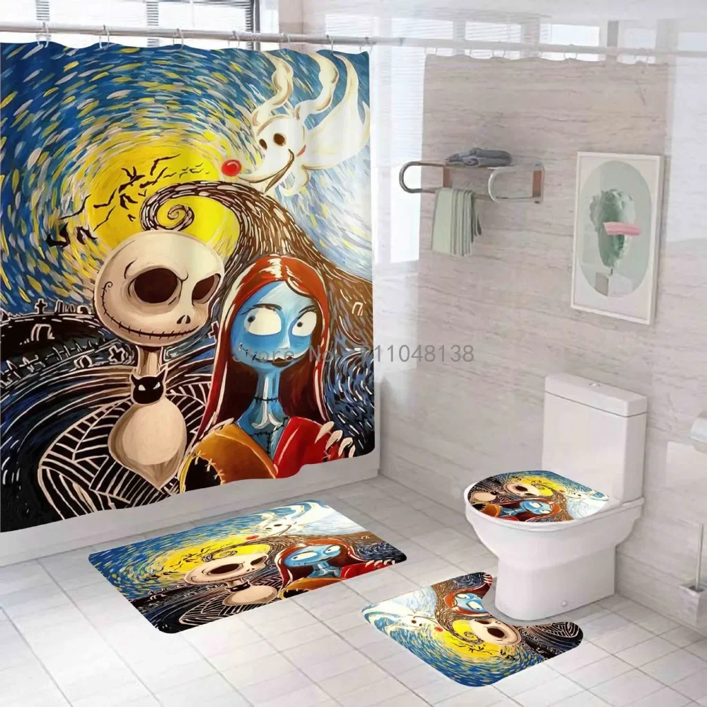 Nightmare Before Christmas Zombie Bride Jack Shower Curtain Sets Bathroom Halloween Decor with Hooks for Bathroom Waterproof