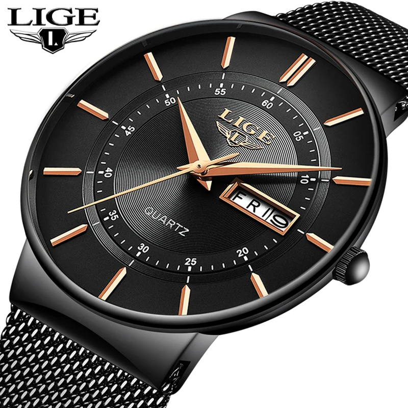 LIGE Top Brand Luxury Quartz Man Watch Mesh Belt Classic Fashion Simple Dial Watch for Men Waterproof Ultra Thin Auto Date Clock