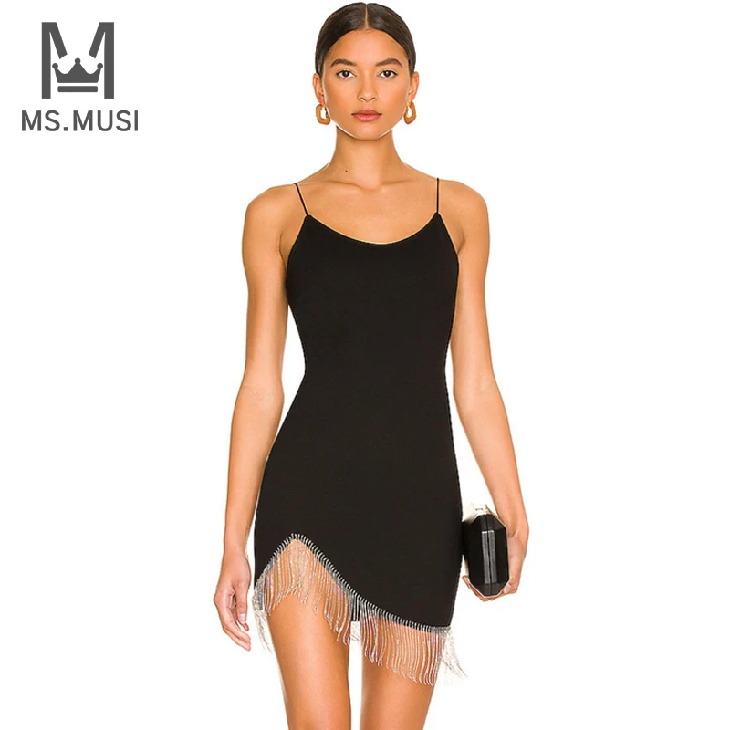 

MSMUSI 2022 New Fashion Women Sexy Strap Chain Tassels Sleeveless Backless Bodycon Party Club Mini Dress Celebrate Vestidos