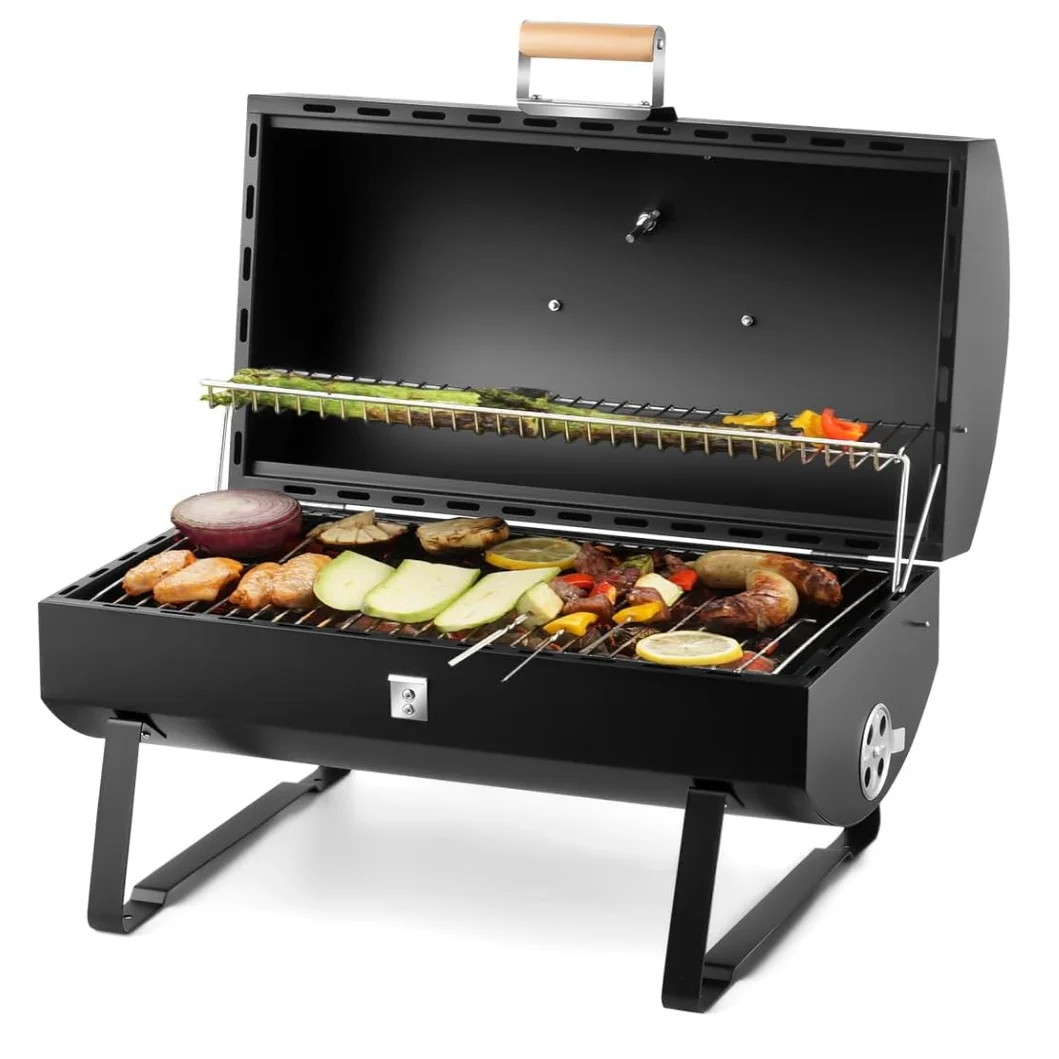 Heavy-Duty Outdoor Portable Charcoal BBQ Grill with Cast Iron Grates and Smoking Cabinet