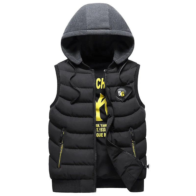 Men's Printed Hooded Vest, Fall Winter Thermal Cotton Streetwear, Zip-Up Casual Outdoor Puffer