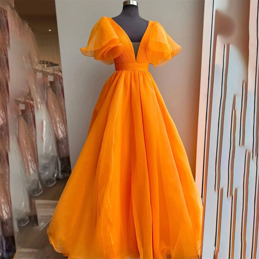 

Lily Orange Organza Evening Dresses Long A-Line Charming Prom Dress Beautiful V-Neck Pleat Party Dress Custom vestidos de noche