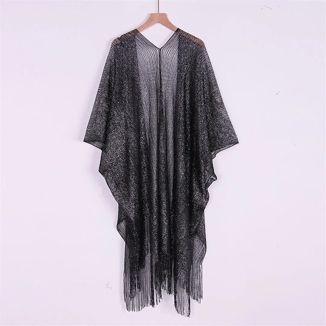 Sexy Fringe Tassel Mesh Sheer Shiny Knitted Tunic Beach Cover Up Cover-ups Beach Dress Beach Wear Beachwear Female Women