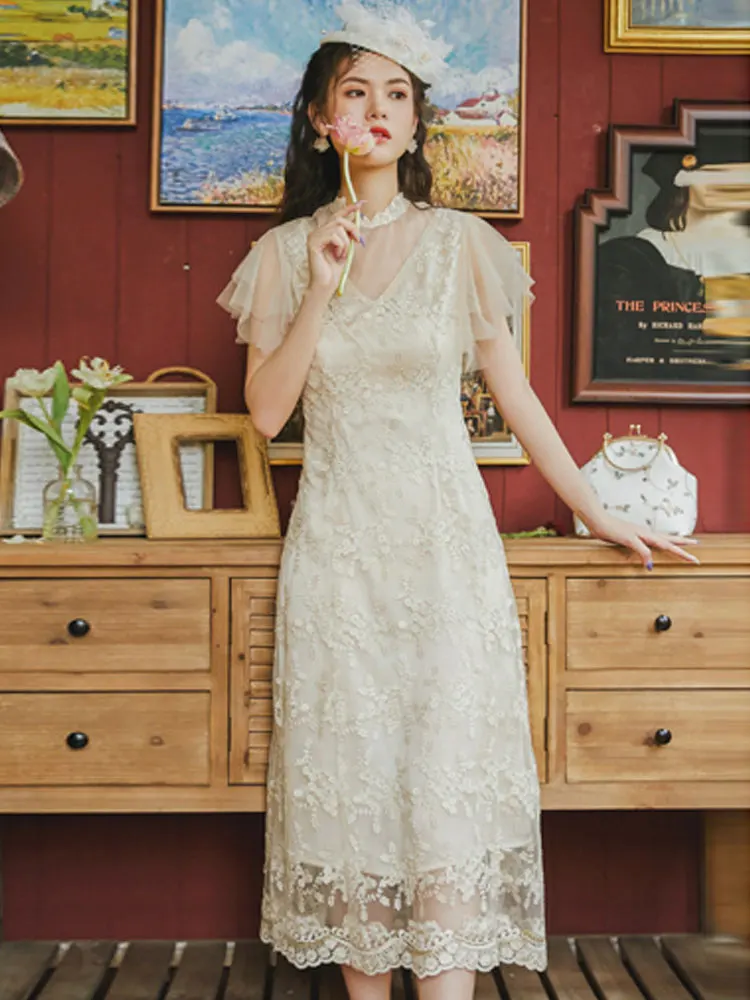 

Summer new women's clothing retro heavy mesh fairy temperament show thin dress embroidered party wedding dress long dress