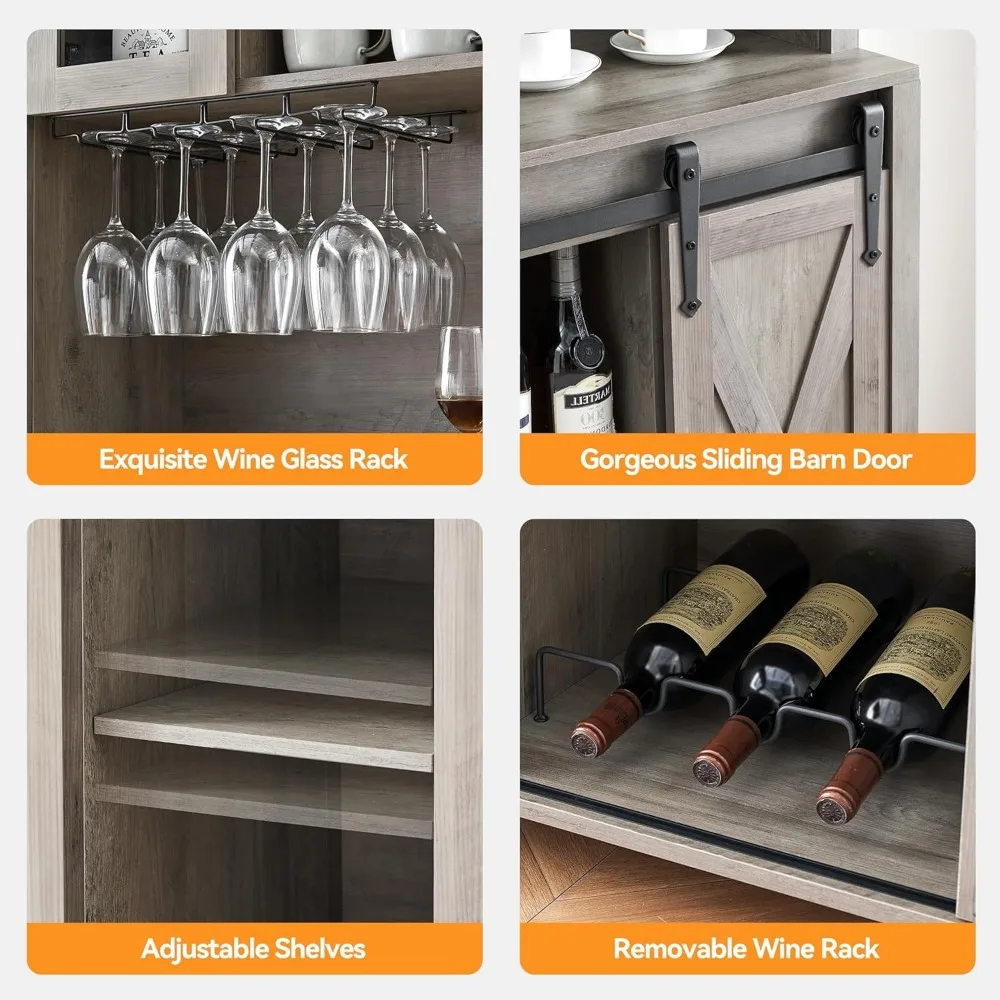 Farmhouse Coffee Bar Cabinet with Sliding Barn Door, 70" Tall Buffet Cabinet with Storage Shelves, Liquor Wine