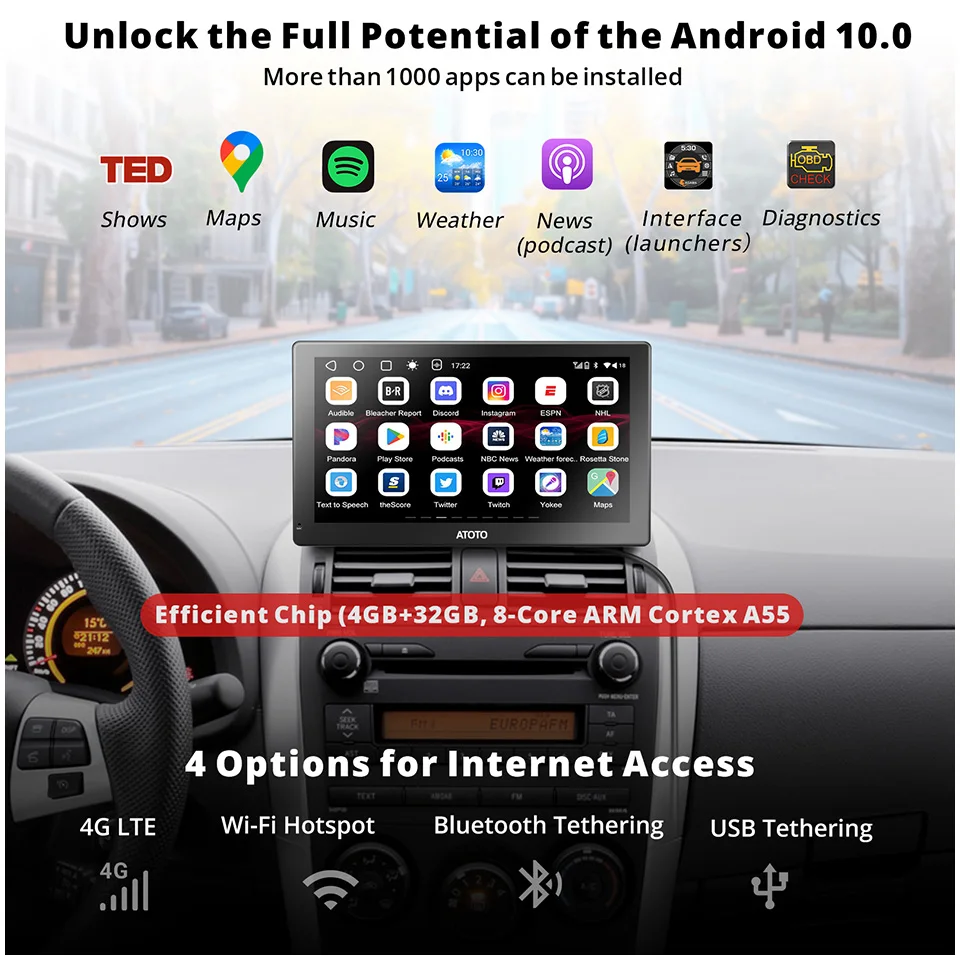 ATOTO P9 4G 안드로이드 자동차 스테레오, QLED ChatGPT GPS 추적, 블루투스 오토라디오, 카플레이, 안드로이드 자동 플레이어, 휴대용 라디오, 7 인치