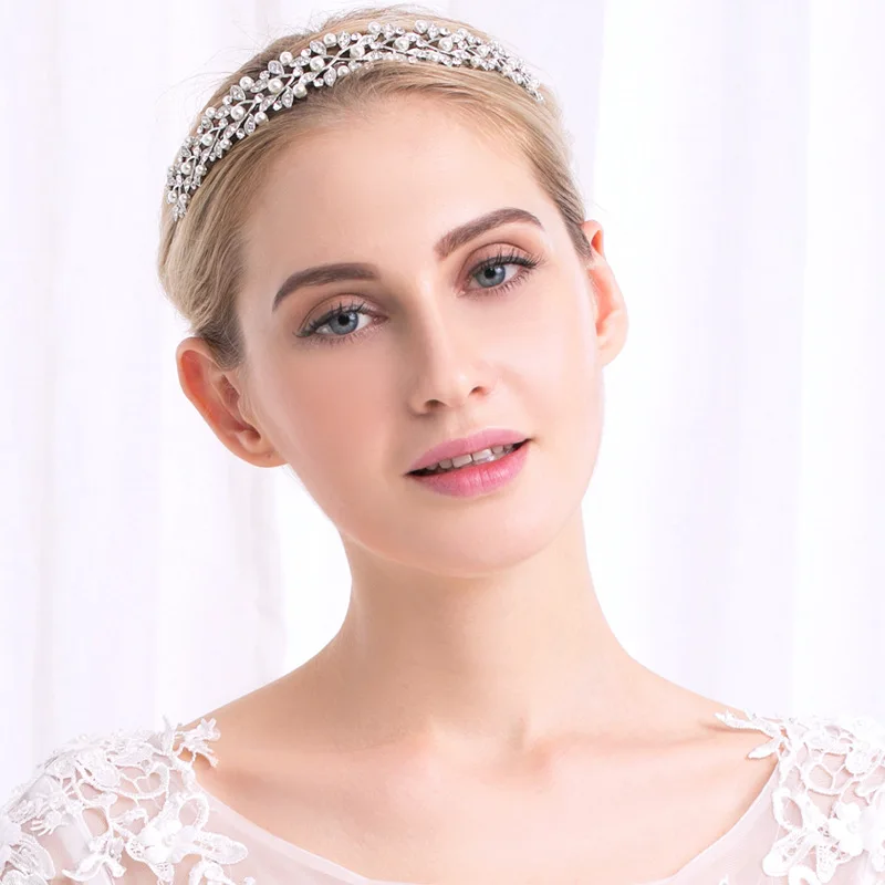 New Korean Style Wedding Bridal Shiny Rhinestone Pearl Headband Fashion Princess Crown Bride Hair Jewelry Accessories Na