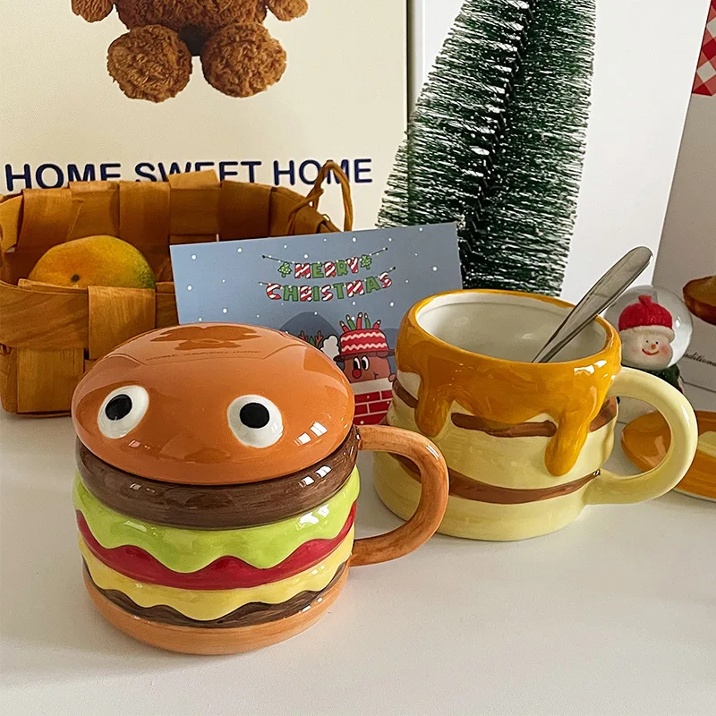 

300ml Ceramic Hamburger Cup Creative Coffee Cup Cute Cartoon Children's Mug Breakfast Oatmeal Milk Cups with Lid Home Cups