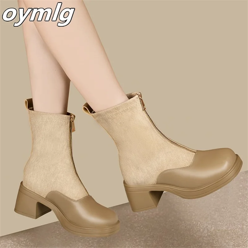 Front zippered mid length boots for women 2023 New Knight Fashion Boots Black Thick Bottom Cheshire Short Boots for women