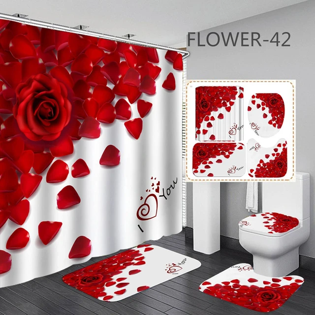 Cortina de baño con estampado 3D de flores, tela impermeable, rosa roja  romántica, cortina de ducha, corazón de amor para el Día de San Valentín,  decoración de baño _ - AliExpress Mobile