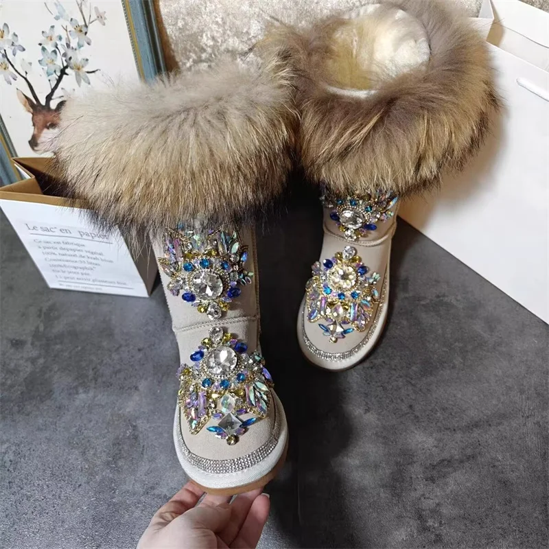 

Fox hair boots Winter Dazzling-colored rhineshewn winter plus fleece warm boots all-in-one leather boots women's 35-44