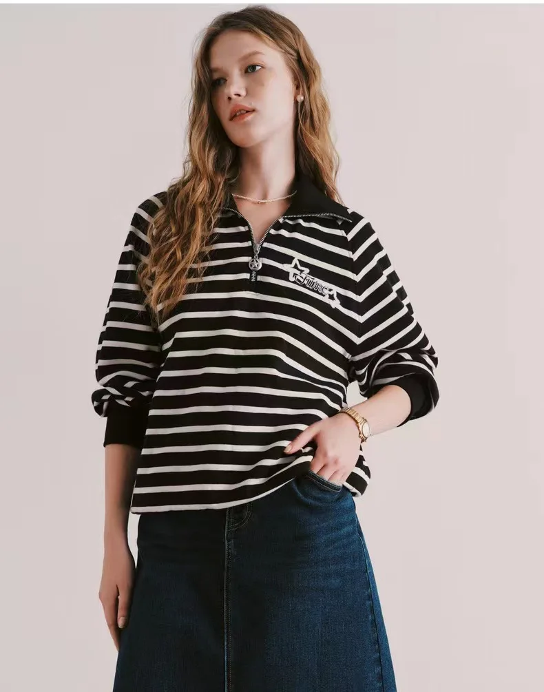 

Polo Neck Hoodies For Women, Full Sleeves Winter Pullovers, Loose Casual Sweatshirts , Thick Striped Tops ,CLothes
