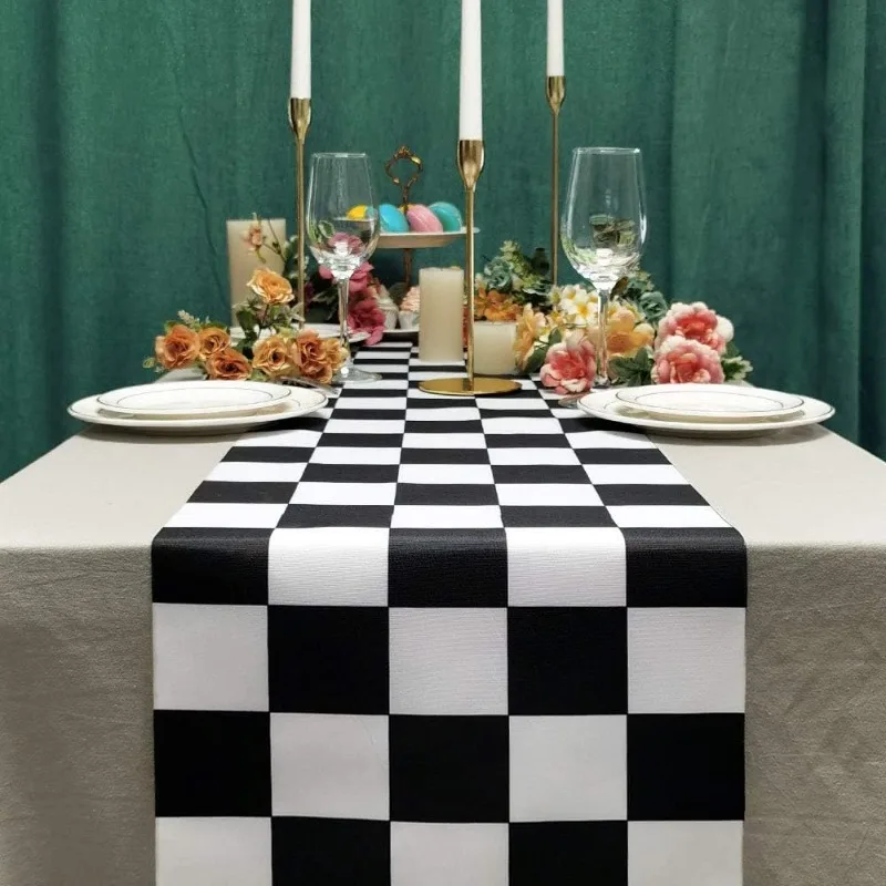 Runner Da Tavola A Scacchi Bianco E Nero - 6 Pezzi 35x274 Cm Per Feste E Compleanni - Foto 5