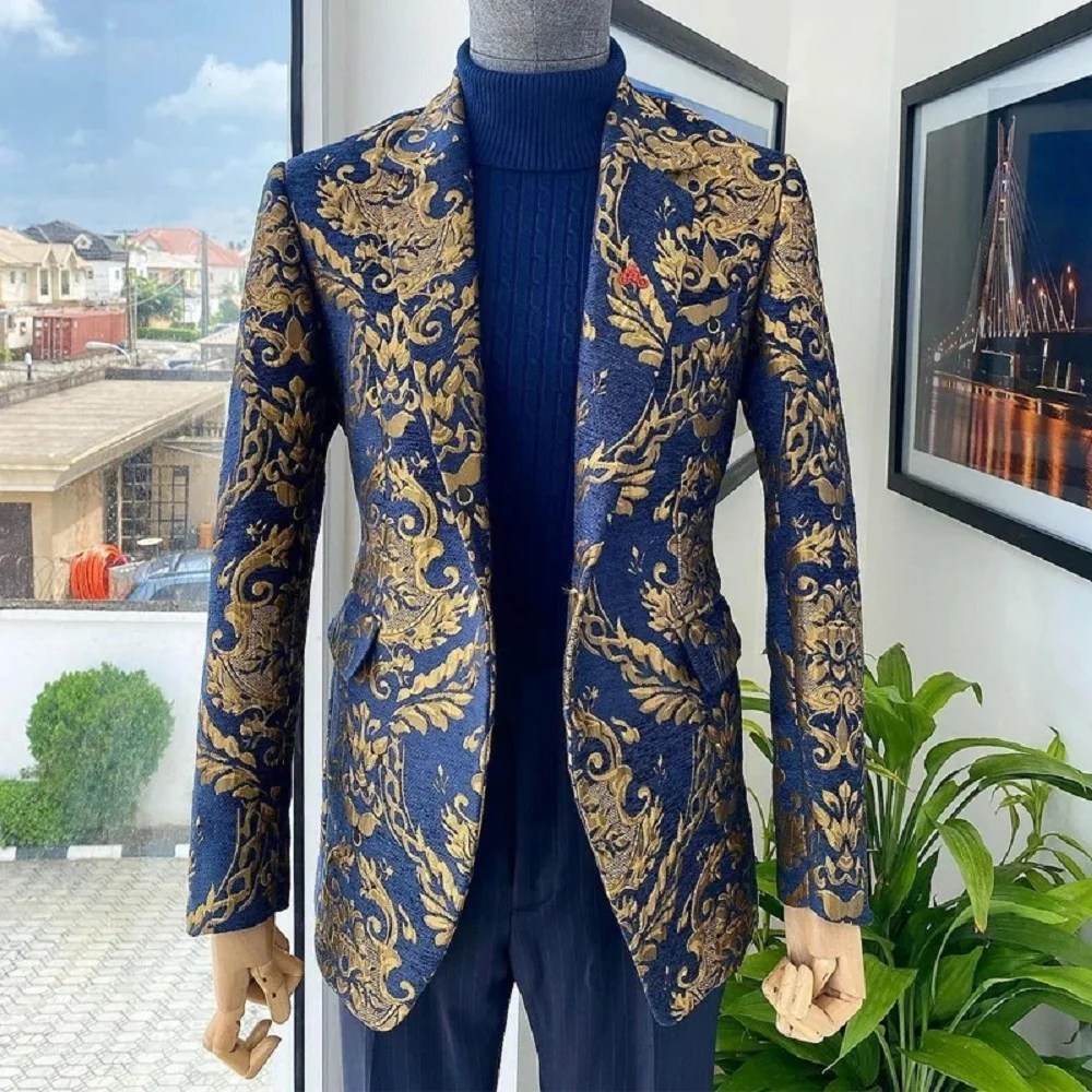 

Jacquard Floral Tuxedo Suits for Men Wedding Slim Fit Navy Blue and Gold Gentleman 2 Piece Male Costume ( Jacket+Pant)